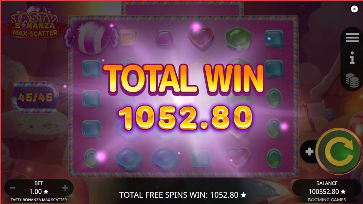 Tampilan visual permainan slot Tasty Bonanza Max Scatter dengan simbol permen warna-warni.